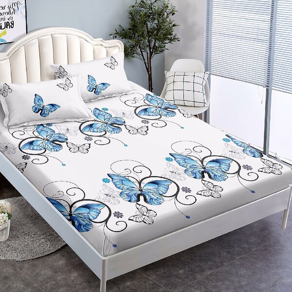 Husa de pat, 2 persoane, finet, 3 piese, cu elastic, alb cu fluturasi albastri HPF251