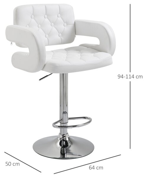 HOMCOM Scaun inalt de bar cu Spatar si Brate, Reglabil, Rotativ din Piele sintetica Alba, pentru Bucatarie sau Pub, 64x50x94-114cm | Aosom Romania