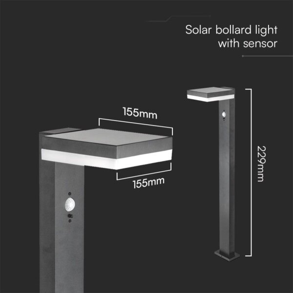 Lampă LED solară cu senzor LED/2W/3,7V IP54 3000K negru dreptunghiular