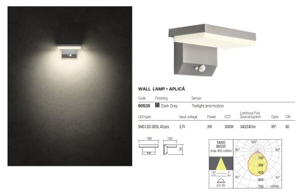 Aplică LED solară cu senzor Redo 90535 TAIYO LED/2W/3,7V 3000K IP54 antracit
