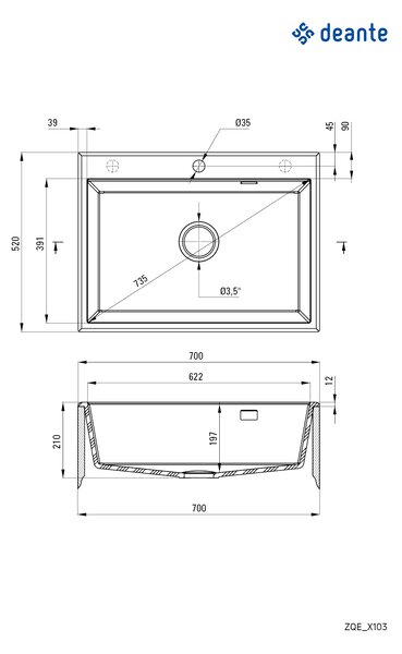 Deante Eridan, chiuveta blat granit 700x520x210 mm, 3,5" + sifon cu economie de spațiu, 1 cameră, grafit metalic, ZQE_G103