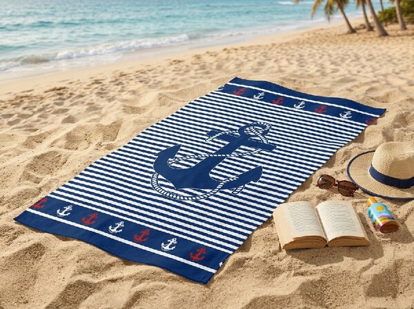 Prosop de plaja cu uscare rapida MARITIMO albastru-alb 70 x 140 cm, 100% microfibra