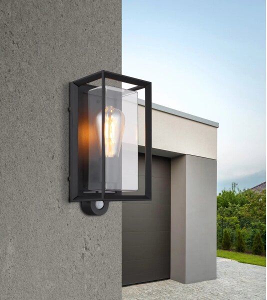 Aplică de exterior cu senzor Globo 31982SS LOGANA 1xE27/60W/230V IP44 negru