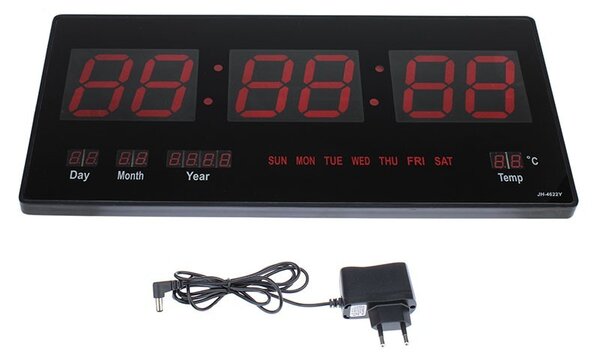 Ceas digital perete, afisaj LED, ora 12/24, calendar, temperatura, negru