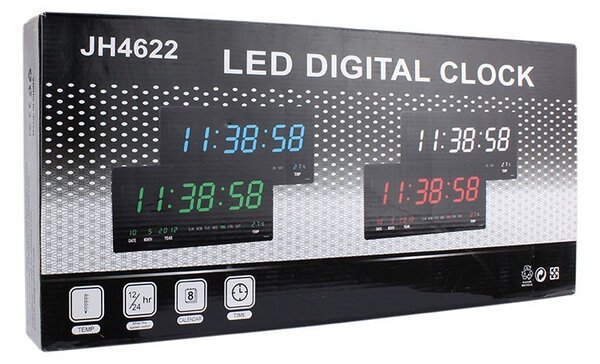 Ceas digital perete, afisaj LED, ora 12/24, calendar, temperatura, negru