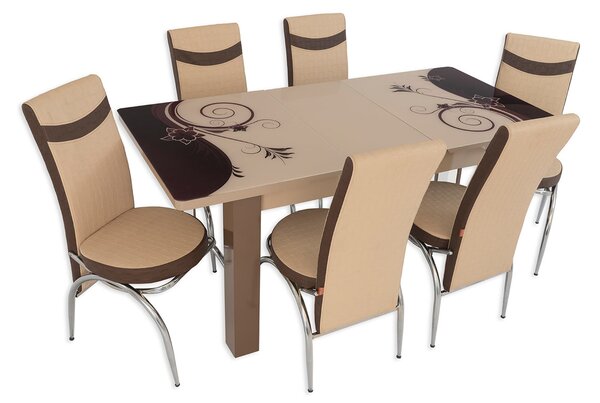 Set masă extensibilă Diana Picior PAL cu 6 scaune crem maro