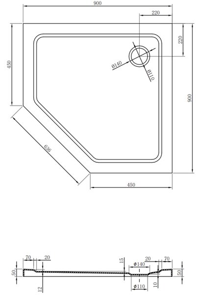Cădiță de duș Mexen Flat, pentagonală, subțire, 90 x 90 cm, neagră, + sifon cromat - 41P709090