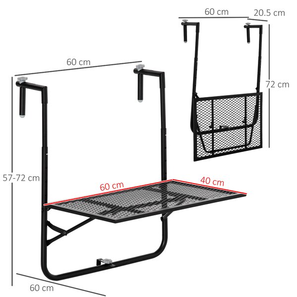 Outsunny Masă Pliabilă pentru Balustradă sau Balcon, din Metal, Reglabilă în Înălțime, 60x60x57-72cm, Negru | Aosom Romania