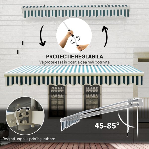 Outsunny Copertină Retractabilă cu Braț Pliabil și Protecție UV, 395x 245 cm, Verde și Alb | Aosom Romania