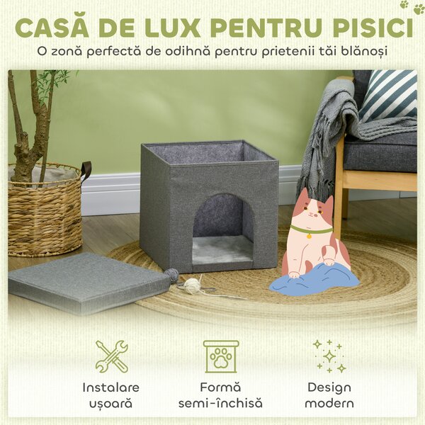 PawHut Căsuță Pliabilă pentru Pisici în Formă de Cub cu Pernă și Tăviță de Zgâriat, 36.5x36.5x36.5 cm, Gri | Aosom Romania
