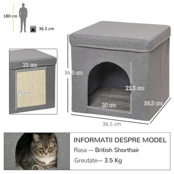 PawHut Căsuță Pliabilă pentru Pisici în Formă de Cub cu Pernă și Tăviță de Zgâriat, 36.5x36.5x36.5 cm, Gri | Aosom Romania