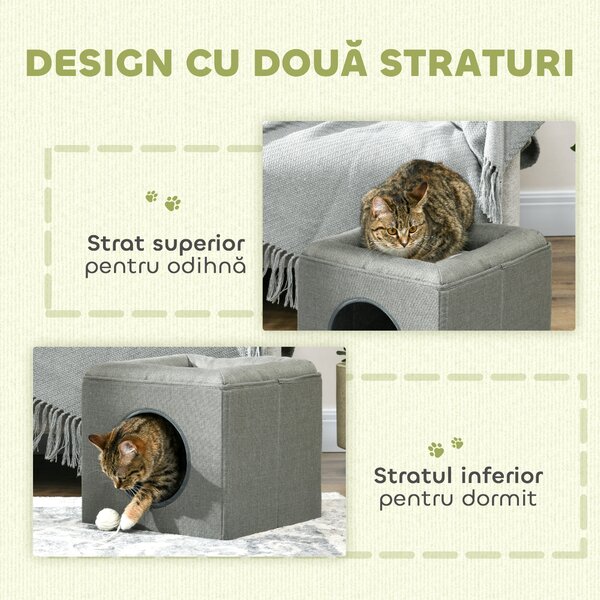 PawHut Căsuță pentru Pisici cu 2 Nivele și Pernă din Pluș, din Lemn, Poliester și Plastic, 36.5x36.5x33 cm, Verde | Aosom Romania