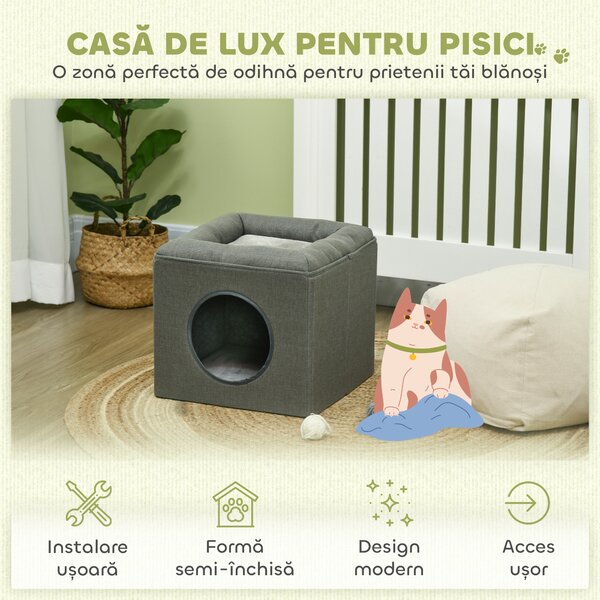 PawHut Căsuță pentru Pisici cu 2 Nivele și Pernă din Pluș, din Lemn, Poliester și Plastic, 36.5x36.5x33 cm, Verde | Aosom Romania