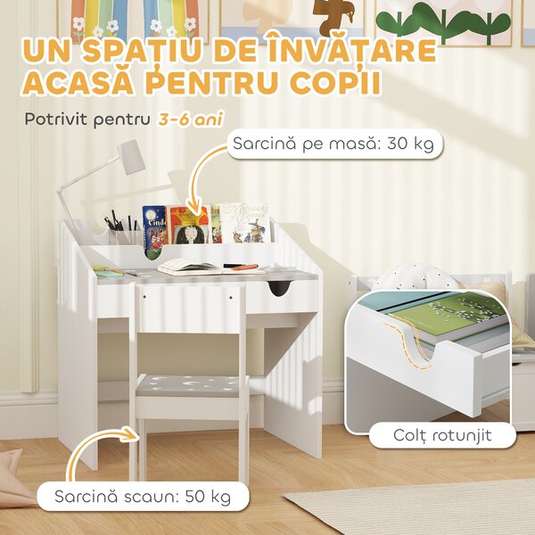 Set AIYAPLAY de Scaun și Masă pentru Copii 3-6 Ani cu Organizator și Sertar Retractabil, din Lemn Gri | Aosom Romania