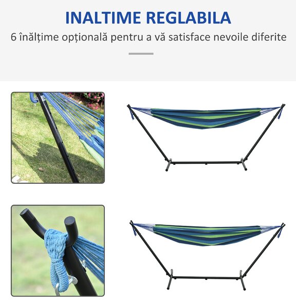 Outsunny Hamac de Grădină Suspendat 310x117 cm cu Înălțime Reglabilă și Suport, Capacitate 120 kg, Hamac Independent cu Geantă de Transport, pentru Camping, Grădină, Balcon, Patio, Verde și Albastru | Aosom Romania
