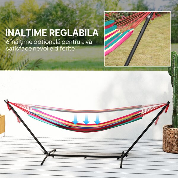 Outsunny Hamac cu Suport 310x117 cm pentru Camping cu Înălțime Reglabilă și Geantă de Transport, Capacitate 120 kg, Dungi Portocalii și Roșii | Aosom Romania