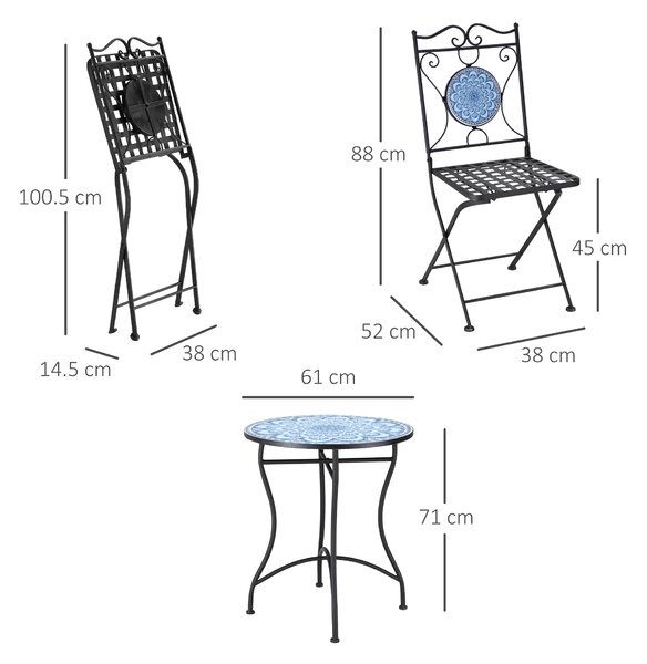 Outsunny Set Mobilier de Grădină cu Mozaic, 3 Piese, Masă și Scaune din Metal, Design Elegant, Albastru | Aosom Romania
