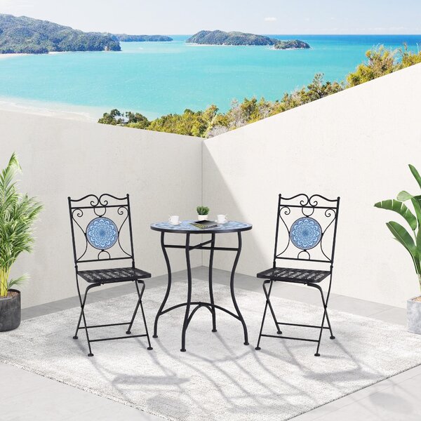 Outsunny Set Mobilier de Grădină cu Mozaic, 3 Piese, Masă și Scaune din Metal, Design Elegant, Albastru | Aosom Romania