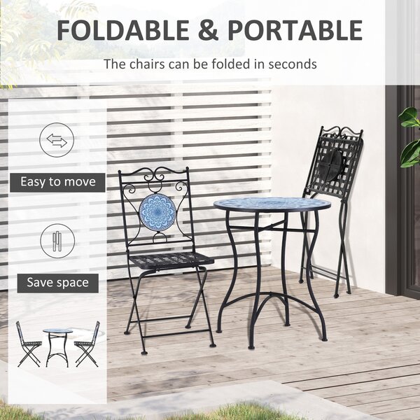 Outsunny Set Mobilier de Grădină cu Mozaic, 3 Piese, Masă și Scaune din Metal, Design Elegant, Albastru | Aosom Romania