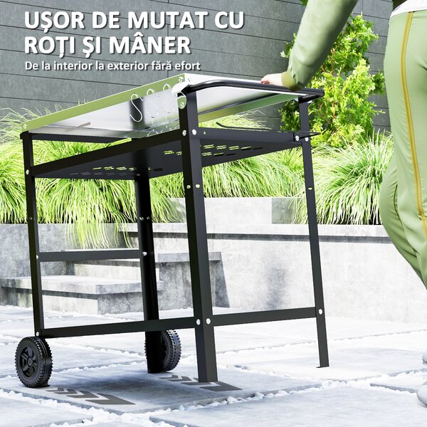 Outsunny Cărucior pentru Grătar cu Blat din Oțel Inoxidabil și Raft Reglabil, 100x52x80 cm, Negru | Aosom Romania