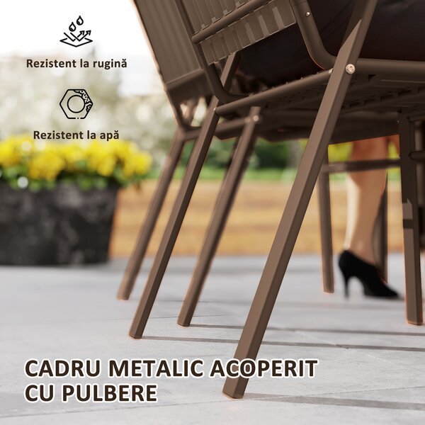 Outsunny Set de 4 Scaune de Grădină Stivuibile cu Spătar Înalt și Brațe, 56x66x91 cm, Maro Închis | Aosom Romania