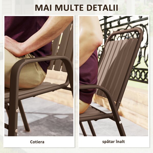 Outsunny Set de 4 Scaune de Grădină Stivuibile cu Spătar Înalt și Brațe, 56x66x91 cm, Maro Închis | Aosom Romania