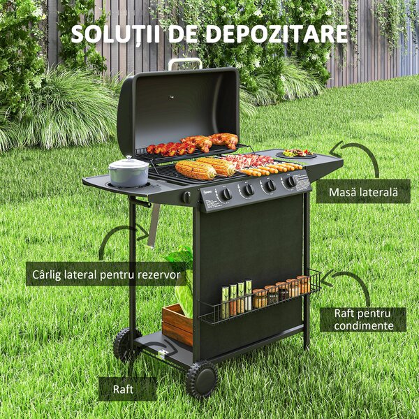 Outsunny Grătar pe Gaz cu Capac, Termometru, Măsuță Laterală și Tavă pentru Colectarea Grăsimii, 121x54x97 cm, Negru | Aosom Romania