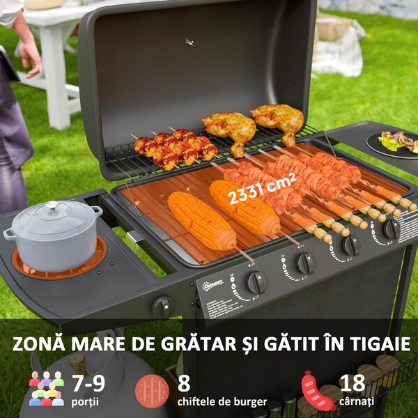 Outsunny Grătar pe Gaz cu Capac, Termometru, Măsuță Laterală și Tavă pentru Colectarea Grăsimii, 121x54x97 cm, Negru | Aosom Romania