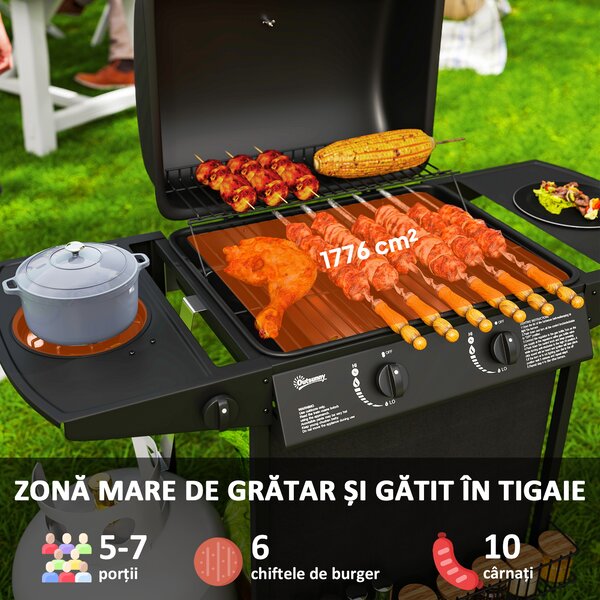 Outsunny Grătar pe Gaz cu Capac, Termometru, Măsuță Laterală și Tavă pentru Colectarea Grăsimii, 107x54x96 cm, Negru | Aosom Romania