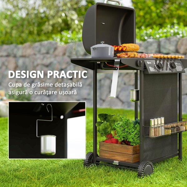 Outsunny Grătar pe Gaz cu Capac, Termometru, Măsuță Laterală și Tavă pentru Colectarea Grăsimii, 107x54x96 cm, Negru | Aosom Romania