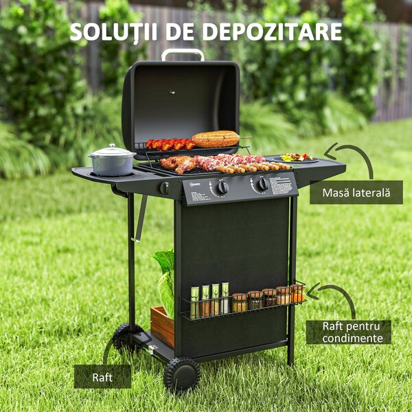 Outsunny Grătar pe Gaz cu Capac, Termometru, Măsuță Laterală și Tavă pentru Colectarea Grăsimii, 107x54x96 cm, Negru | Aosom Romania