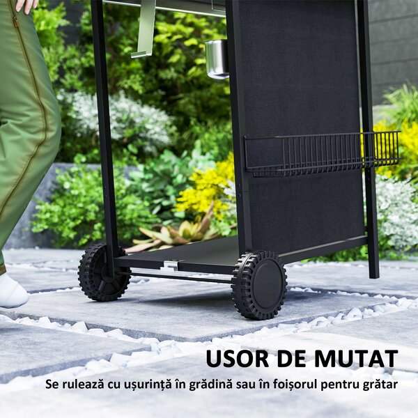 Outsunny Grătar pe Gaz cu Capac, Termometru, Măsuță Laterală și Tavă pentru Colectarea Grăsimii, 107x54x96 cm, Negru | Aosom Romania