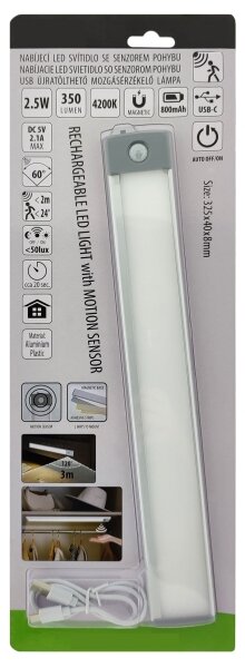 Corp de iluminat LED reîncărcabil cu senzor pentru corpuri de mobilă LED/2,5W/5V USB 800 mAh 4200K 32,5 cm