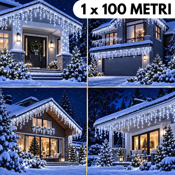 Instalatie de Craciun, 1 x 100 metri, franjuri tip turturi, fir gros, cu flash, exterior, alb rece