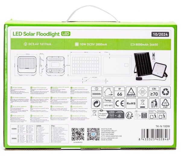 Aigostar - Proiector solar LED reglabil, 100 W, 3,4 V, IP66 + telecomandă