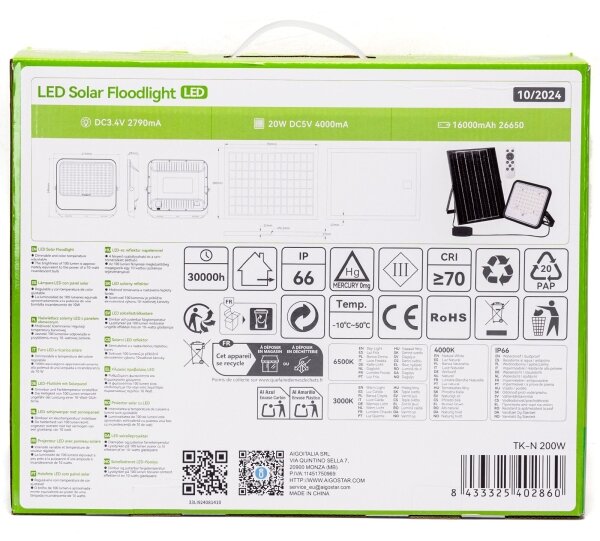 Aigostar - Proiector solar LED reglabil 200W/3,4V IP66 + telecomandă