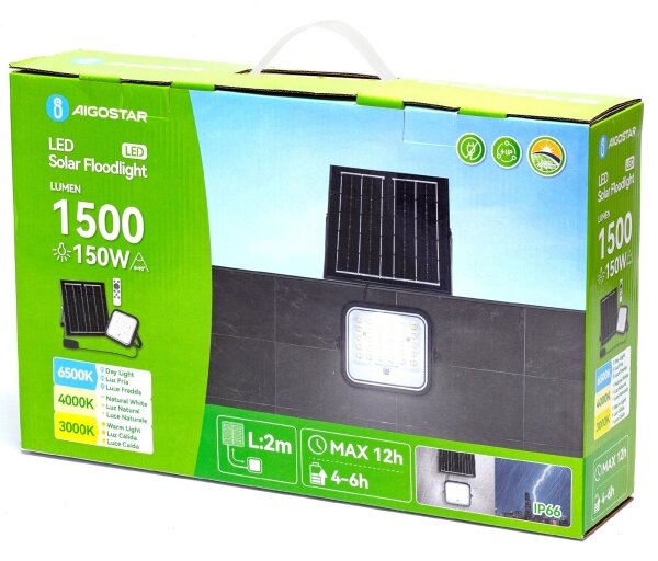 Aigostar - Proiector solar LED cu intensitate reglabilă, 150W, 3,4V, IP66, cu telecomandă