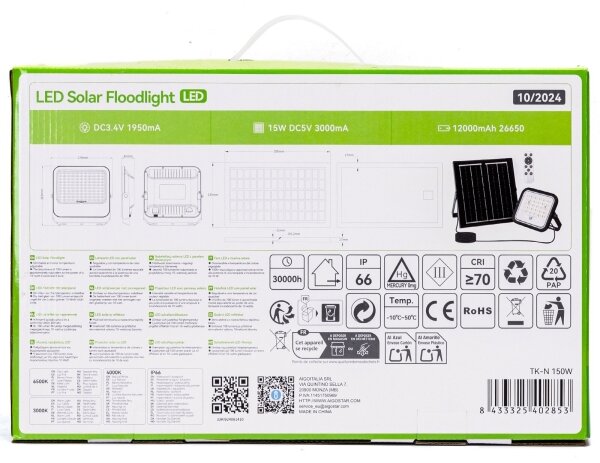 Aigostar - Proiector solar LED cu intensitate reglabilă, 150W, 3,4V, IP66, cu telecomandă