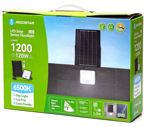 Aigostar - Proiector solar LED reglabil cu senzor, 120W, 3,4V, IP66 + telecomandă
