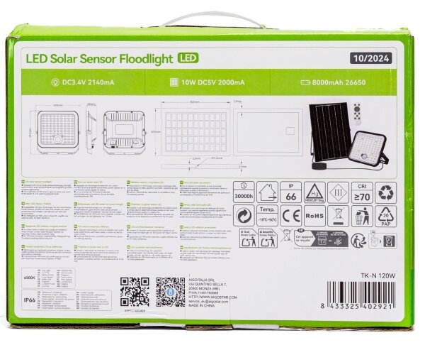 Aigostar - Proiector solar LED reglabil cu senzor, 120W, 3,4V, IP66 + telecomandă