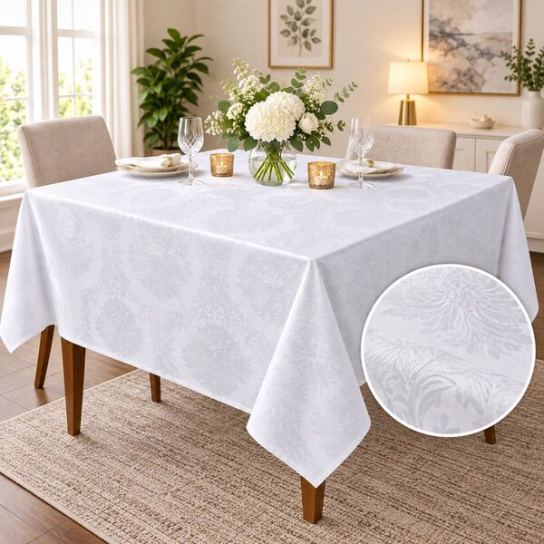 Fata de masa satinata jacquard alba 150x150 cm, damasc floral cu medalioane