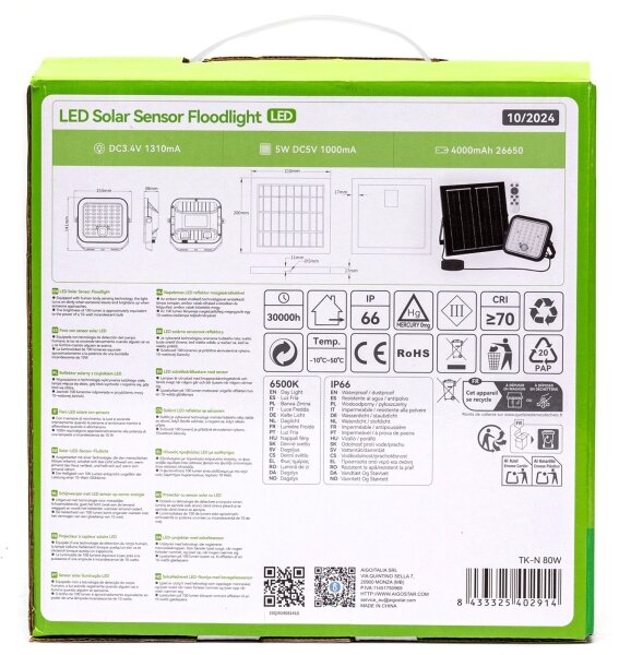 Aigostar - Proiector solar LED dimerizabil cu senzor LED/80W/3,4V IP66 + telecomandă