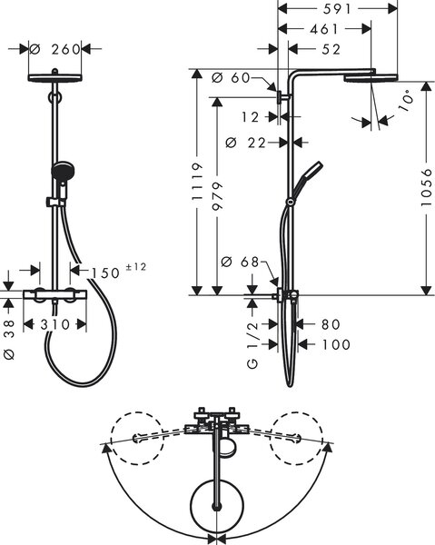 Hansgrohe Pulsify S set de duș perete cu termostat cu duș de ploaie || 24236140