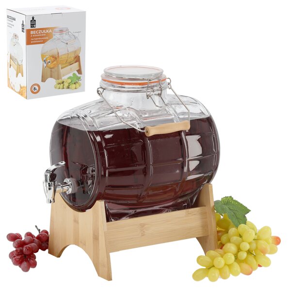 Set butoi 8L din sticla, cu suport din bambus si robinet, maner transpot si capac cu clips, transparent, JollyMag, ZIX1722