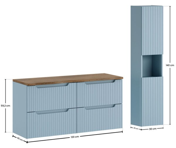 Set de baie suspendat: mască pentru chiuvetă cu blat și dulap tip coloană Nova, albastru denim/stejar casella
