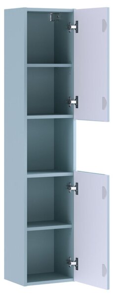 Set de baie suspendat: mască pentru chiuvetă cu blat și dulap tip coloană Nova, albastru denim/stejar casella