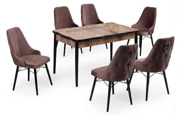 Set Masă (Mdf extensibila 80 x 130 (170)) + 6 Scaune Catifea Maro – Verona Modern Living