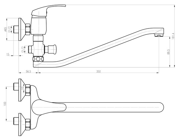 Aqualine, AQUALINE 35 baterie de perete pentru chiuvetă/cadă, pas 100 mm, crom, 52140