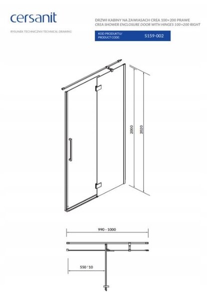 Cersanit Crea, usa batanta pentru deschidere 100X200 cm (dreapta), sticla transparenta 8mm, profil cromat, S159-002