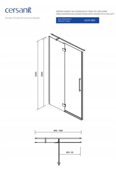 Cersanit Crea, usa batanta pentru deschidere 90x200 cm (stânga), sticla transparenta 8 mm, profil cromat, S159-005